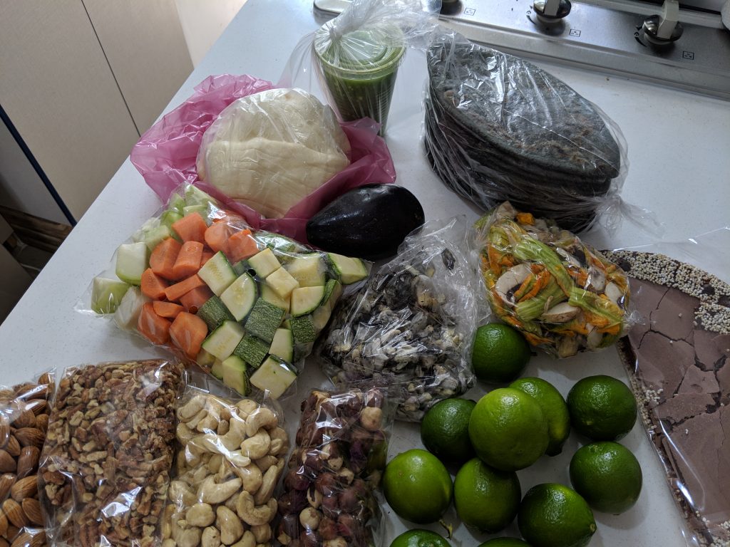 chopped up veggies, cactus paddles, corn fungus and nuts!