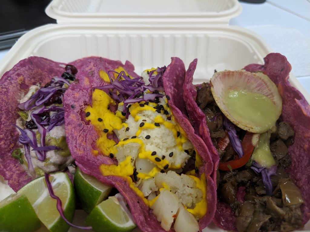 cauliflower tacos in pink tortilla